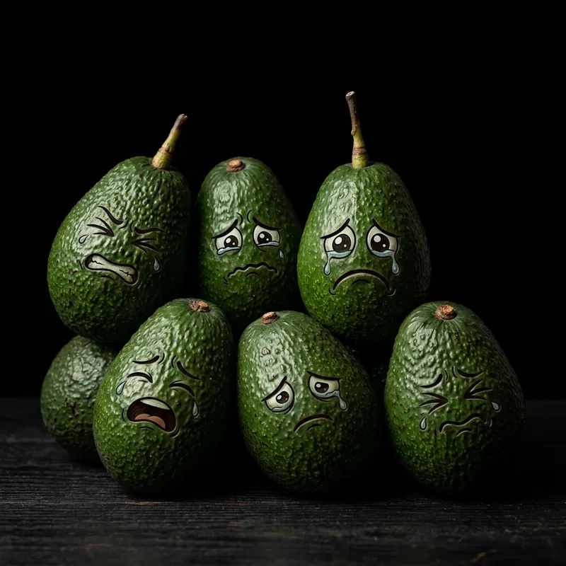 Sad Avocado Faces: Realistic & Cartoonish Emotions on Black Background