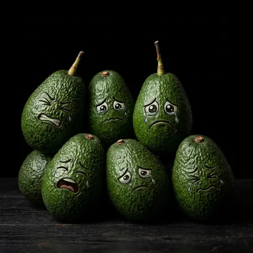 Sad Avocados: Realistic and Cartoonish Faces on Black Background