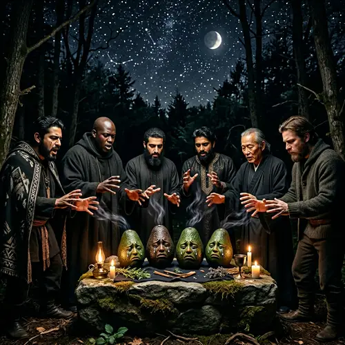 Diverse Men Cursing Realistic Crying Avocados at Night