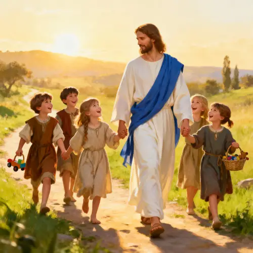 Jesus Walking with Children: A Heartwarming Image