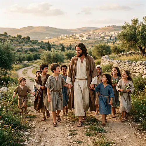 Jesus Walking with Children: A Heartwarming Image