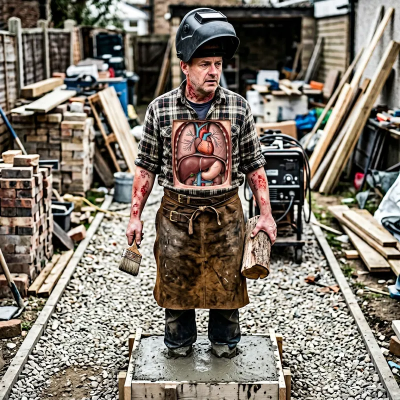 Man in Concrete with Welding Helmet and Paint Brush