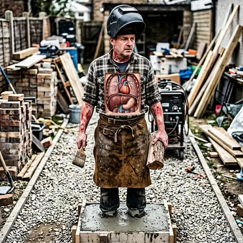 Man in Concrete with Welding Helmet and Paint Brush