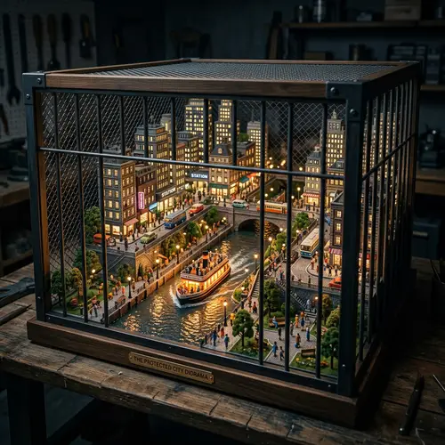 Miniature City Diorama Encased in Protective Cage with Ferry - Unique Display