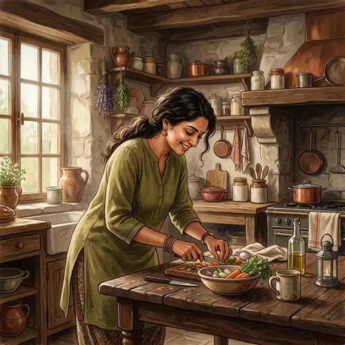 South Asian Woman in Rustic Kitchen | Vintage Film Aesthetic