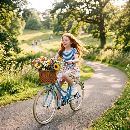 Red-Haired Girl Riding Blue Bicycle with Vibrant Flowers | Leisurely Ride