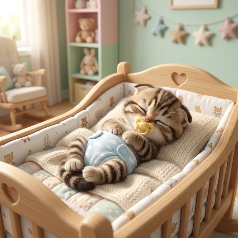 Newborn Kitten in Diaper Sleeping and Crawling in Crib