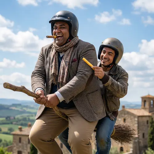 Joyful South Asian Man on Broomstick with Mischief and Playfulness