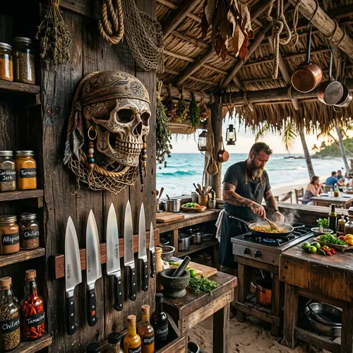 Pirate Skull Art & Gleaming Chef's Knives in Beachfront Hut