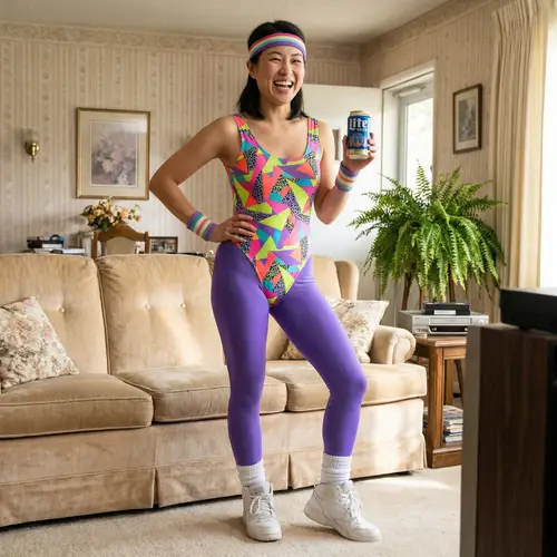 80's Woman in Workout Gear with Beer