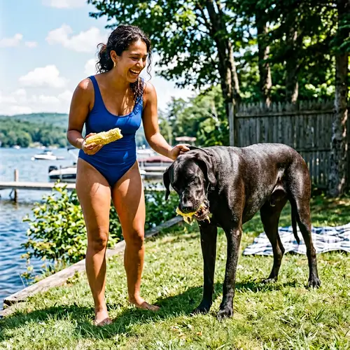 Hispanic Female in Blue Swimsuit with Great Dane