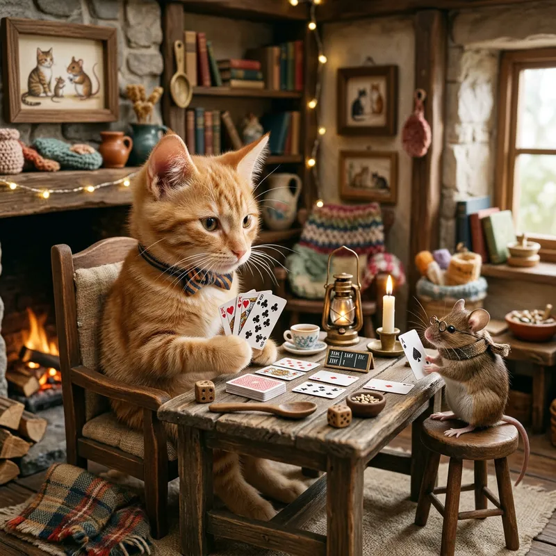 Whimsical Cat and Mouse Card Game Scene