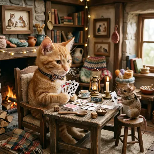 Whimsical Cat and Mouse Card Game Scene