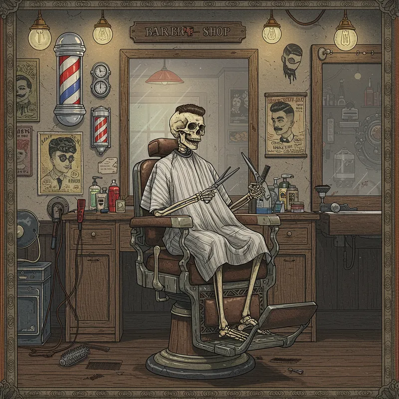 Skeleton in Barber Chair - Detailed Artwork