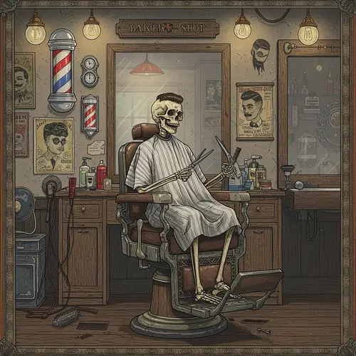 Skeleton in Barber Chair - Detailed Artwork
