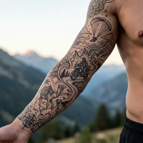 Travel-inspired Arm Tattoo Design with Camel, Paraglider, Dogs & Motorcycle