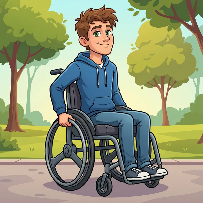 Confident Young Man with Brown Hair and Green Eyes in Modern Wheelchair Confident Young Man with Brown Hair and Green Eyes in Modern Wheelchair
