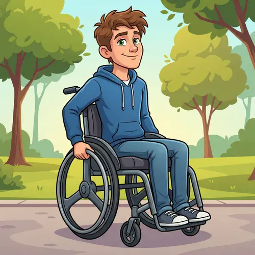 Young Man with Brown Hair and Green Eyes in Wheelchair