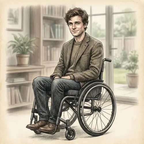 Young Man with Brown Hair and Green Eyes in Wheelchair