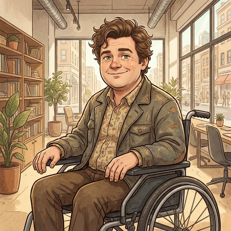 Charming Man with Brown Hair and Green Eyes in Wheelchair - Detailed Illustration