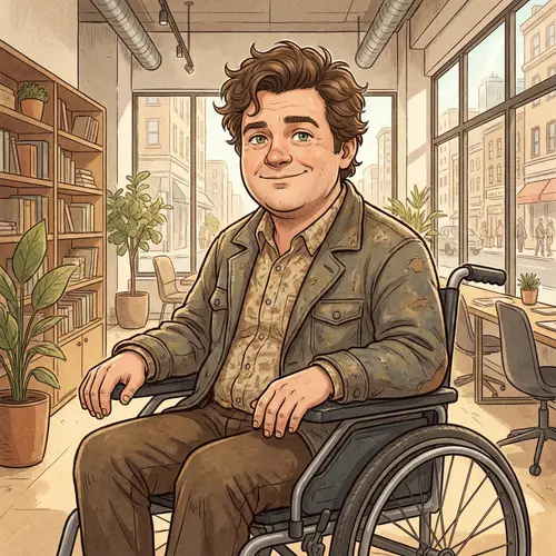Charming Man with Brown Hair and Green Eyes in Wheelchair