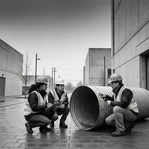 Urban Engineering Team Inspecting Steel Drainage Pipe