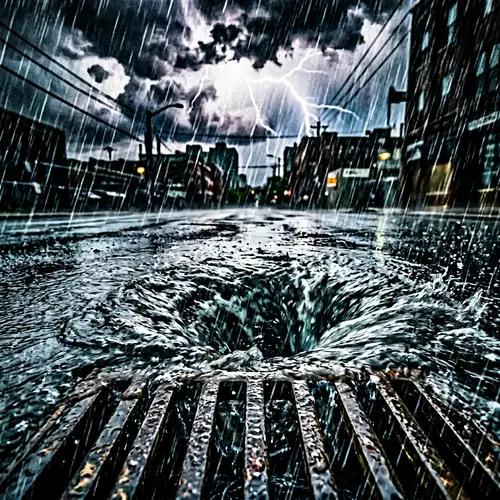 Turbulent Storm Drain Art: Dark Sky, Lightning, Pouring Rain