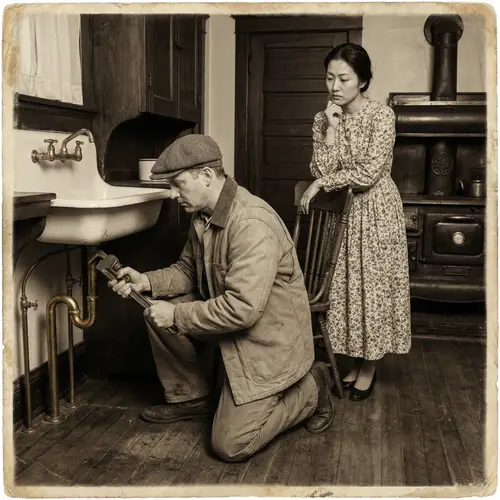 Vintage Style Drain Fixing Scene with Retro Vibes