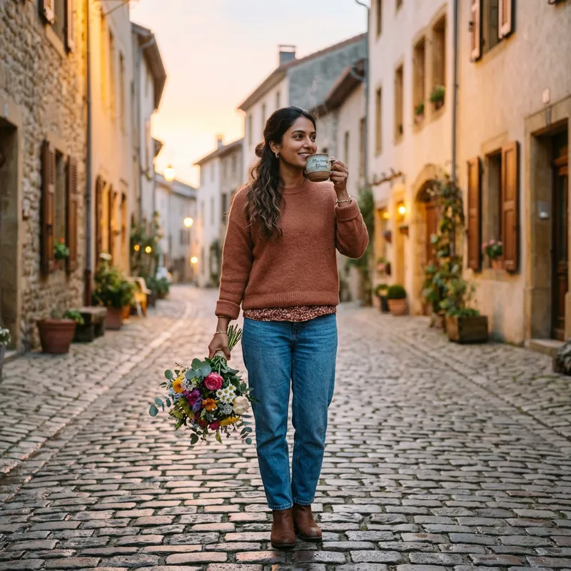 Beautiful Girl Enjoying Coffee with Flowers