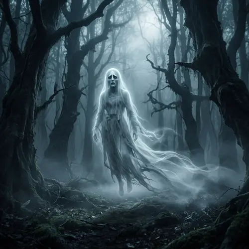 Ghostly Figure in Dark Misty Forest