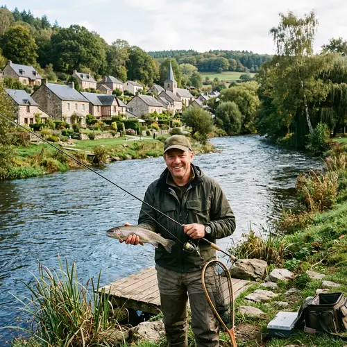 Fishing by the River: Scenic Village View