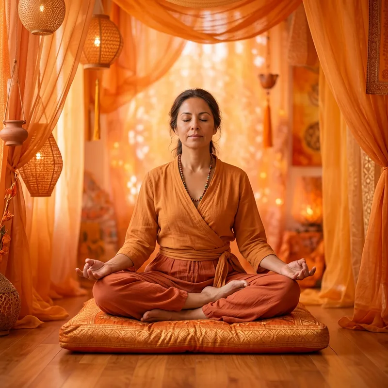 Hispanic Woman Meditating in Padasana Pose Surrounded by Warm Orange Hues Hispanic Woman Meditating in Padasana Pose Surrounded by Warm Orange Hues