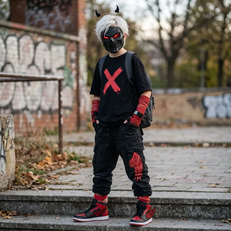 Young Caucasian Boy with Sinister Black Mask and Red Eyes