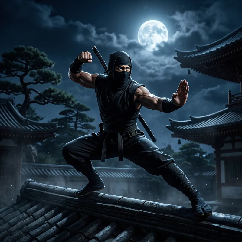 Muscular Ninja in Combat Pose | Strength Displayed