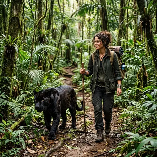 Wanderer in Forest with Black Jaguar