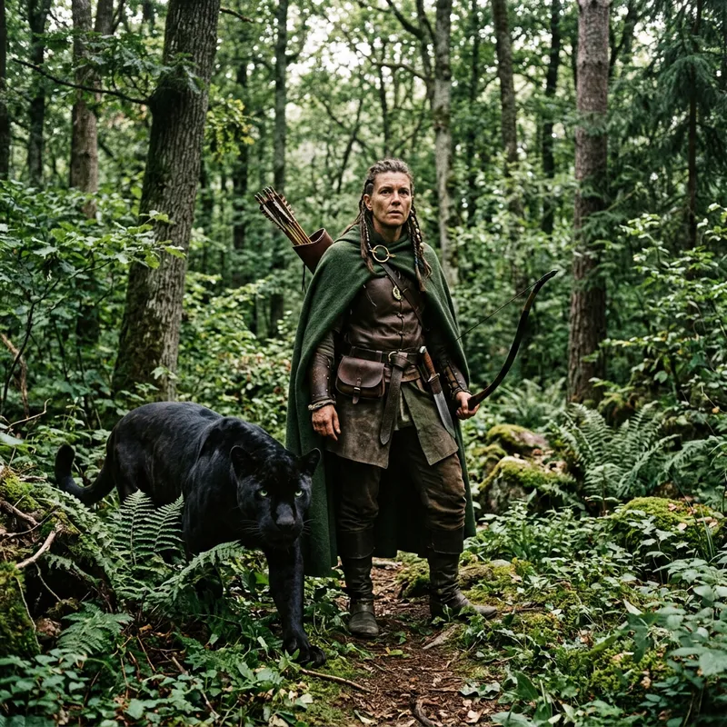 Mysterious D&D Universe Ranger with Black Jaguar in Enchanted Forest Mysterious D&D Universe Ranger with Black Jaguar in Enchanted Forest