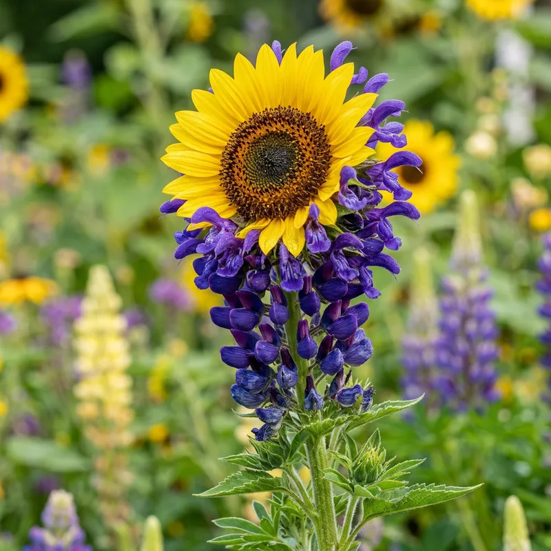Hybridized Sunflower, Salvia, and Lupine Display - Vibrant Botanical Photography