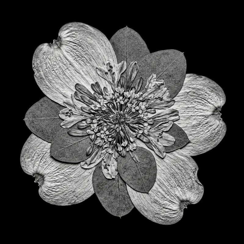 Detailed Pressed Flower: Dogwood, Eucalyptus, Agapanthus Chimera Detailed Pressed Flower: Dogwood, Eucalyptus, Agapanthus Chimera