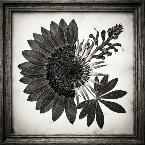 Monochrome Pressed Flower: Sunflower, Salvia, Lupinus Chimera