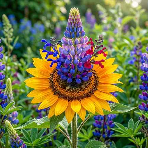 Vibrant Composite Flower: Sunflower, Salvia, Lupine | Detailed Botanical Photography