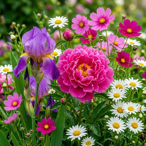 Botanical Composition with Peony, Iris, Cosmos, and Daisy