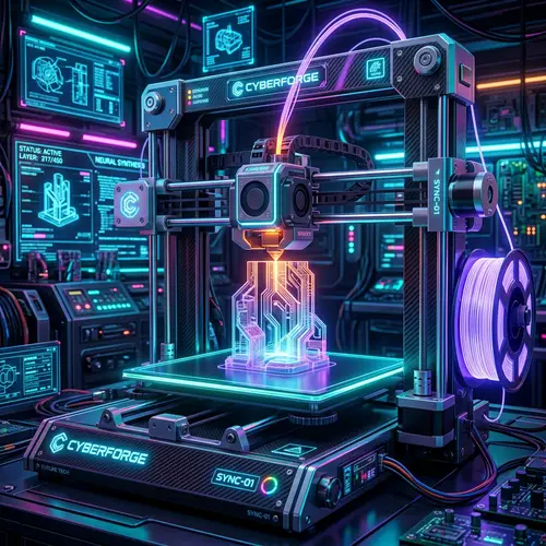 Futuristic 3D Printer Creating Virtual Object with Neon Glow