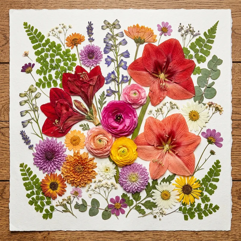 Detailed Botanical Photography of Colorful Pressed Flower Bouquet