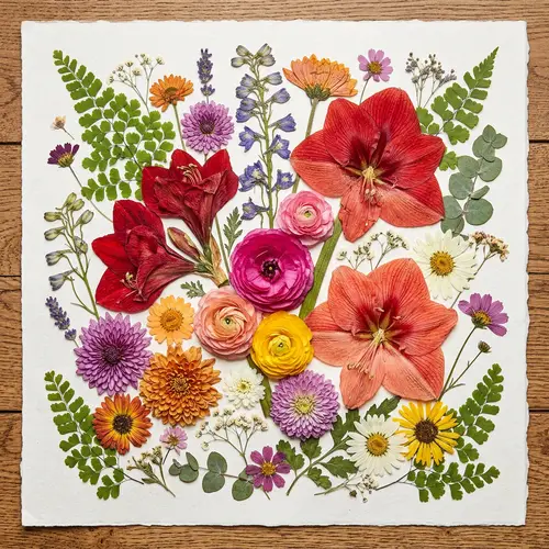Vibrant Pressed Flower Photography with Chrysanthemum, Amaryllis, and Ranunculus