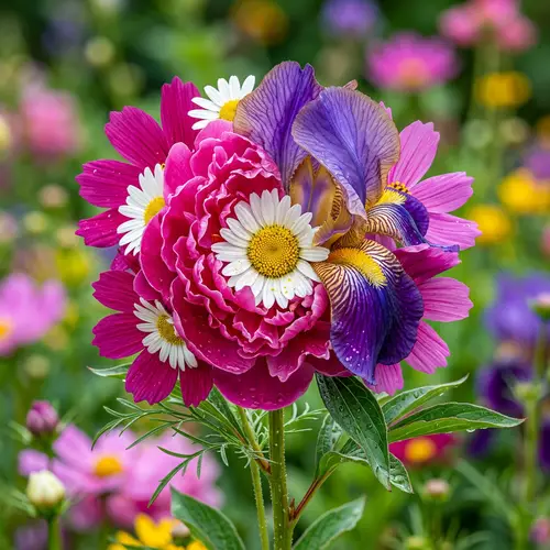 Vibrant Chimera Flower: Iris, Peony, Daisy, Cosmos Fusion
