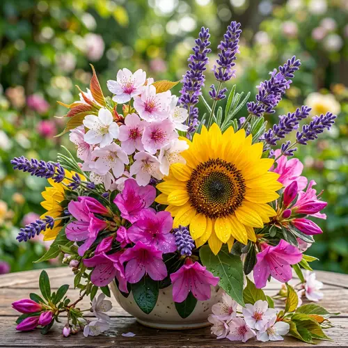 Botanical Arrangement - Vibrant Capture of Cherry Blossoms, Lavender, Sunflowers & Azaleas
