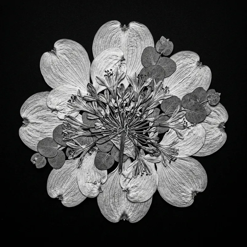 Botanical Chimera: Intricately Pressed Flower in Monochrome Botanical Chimera: Intricately Pressed Flower in Monochrome
