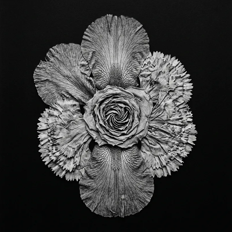 Chimera Botanical Form: Pressed Iris, Carnation & Rose Photo