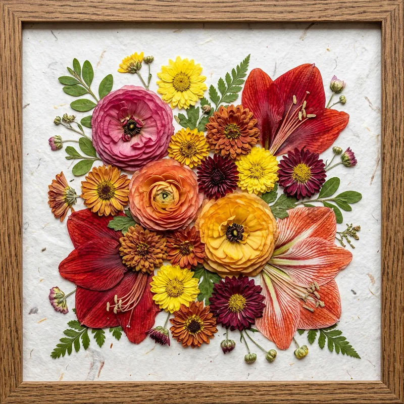 Vibrant Pressed Flower HDR Photo | Chrysanthemum, Amaryllis, Ranunculus