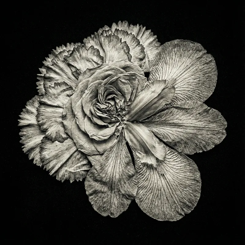 Detailed Monochrome Flower Chimera Photo | Iris, Carnation, Rose | HDR Effect, Botanical Photography